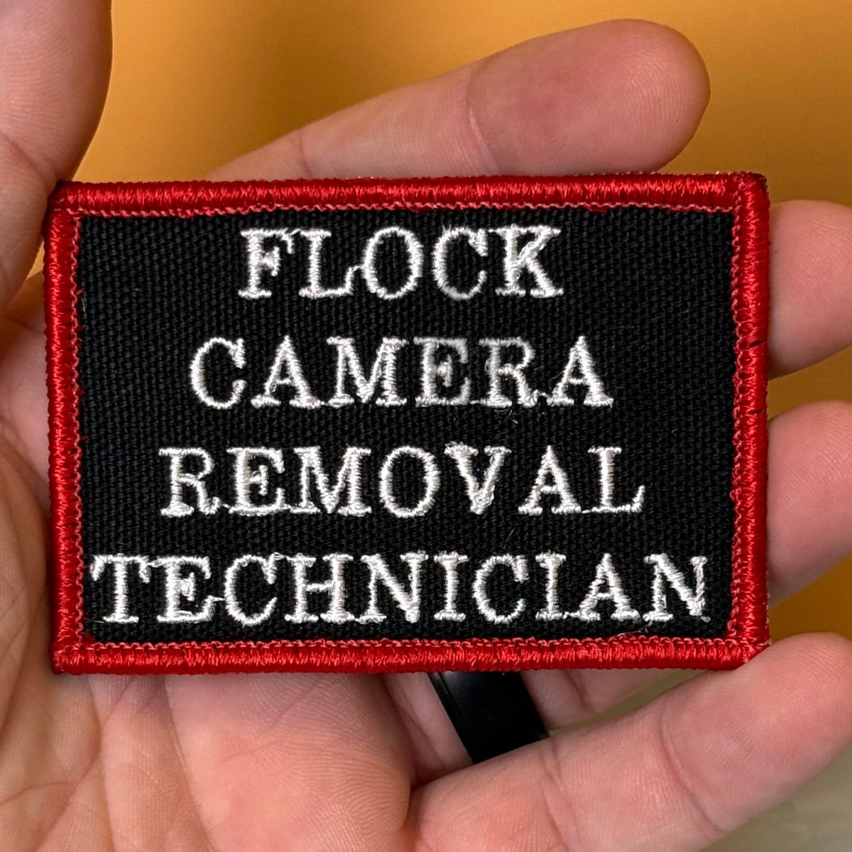 Flock Camera Removal Technician Funny Embroidered Morale Patch, 2x3" | VELCRO® Brand Hook Backing
