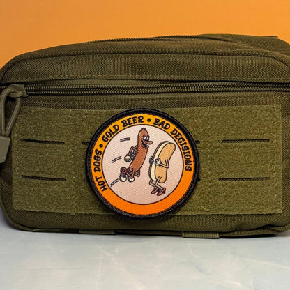 Hot Dogs, Cold Beer and Bad Decisions Funny Printed Morale Patch, 3" Round | VELCRO® Brand Hook Backing
