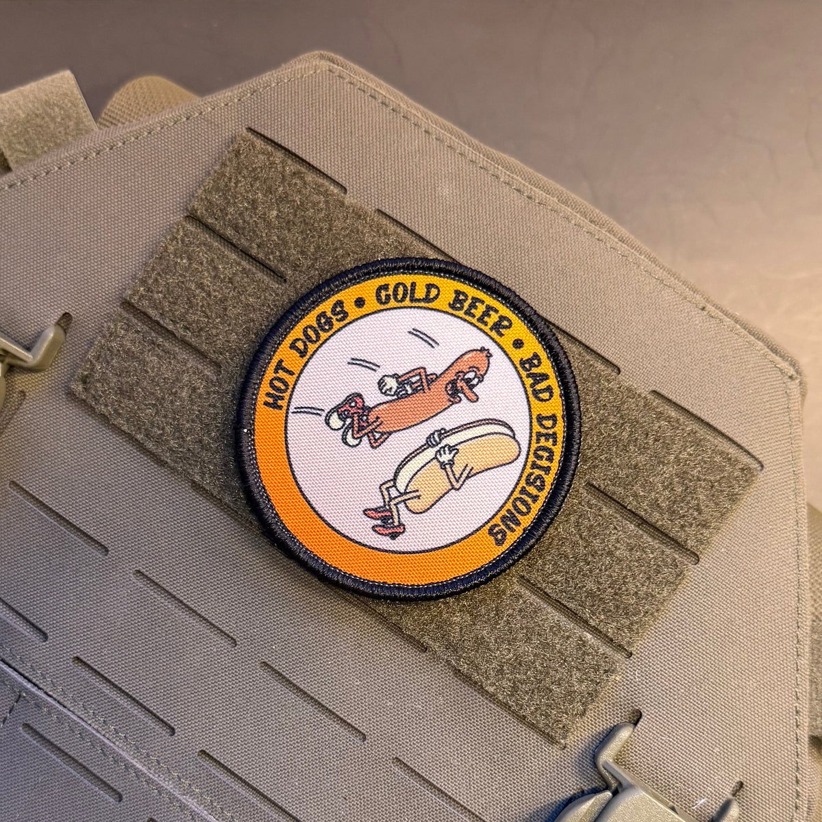 Hot Dogs, Cold Beer and Bad Decisions Funny Printed Morale Patch, 3" Round | VELCRO® Brand Hook Backing