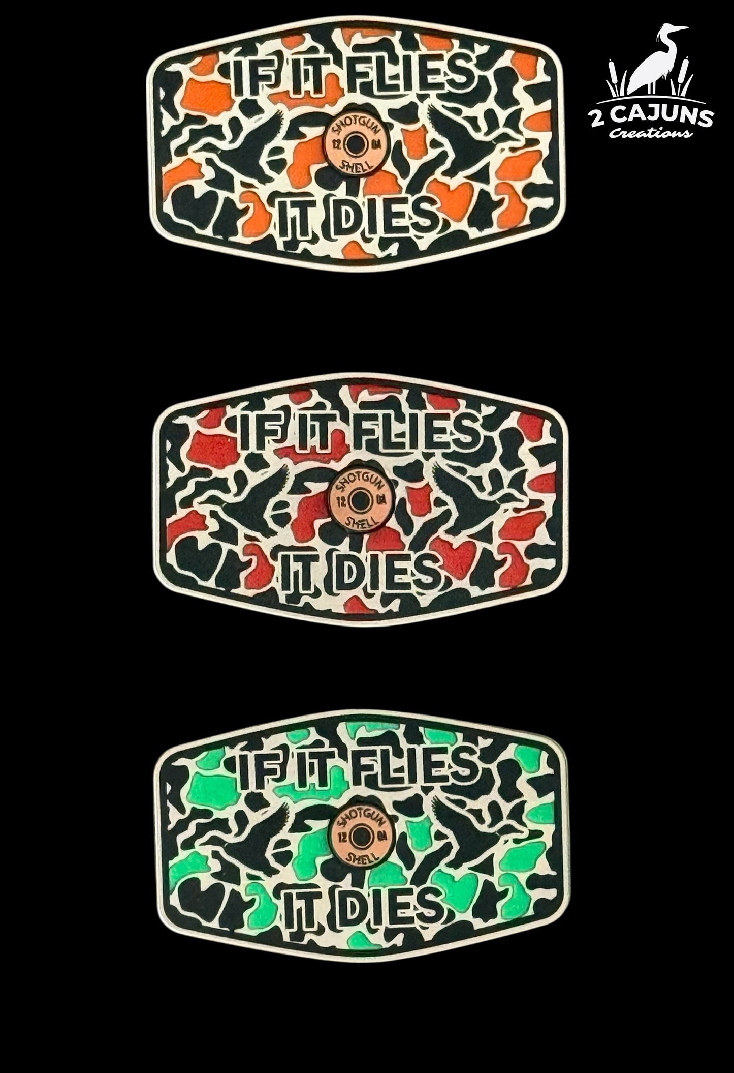 If It Flies It Dies Acrylic Hat Patch with Copper Shell - 2 Pieces - 3 Colors Available