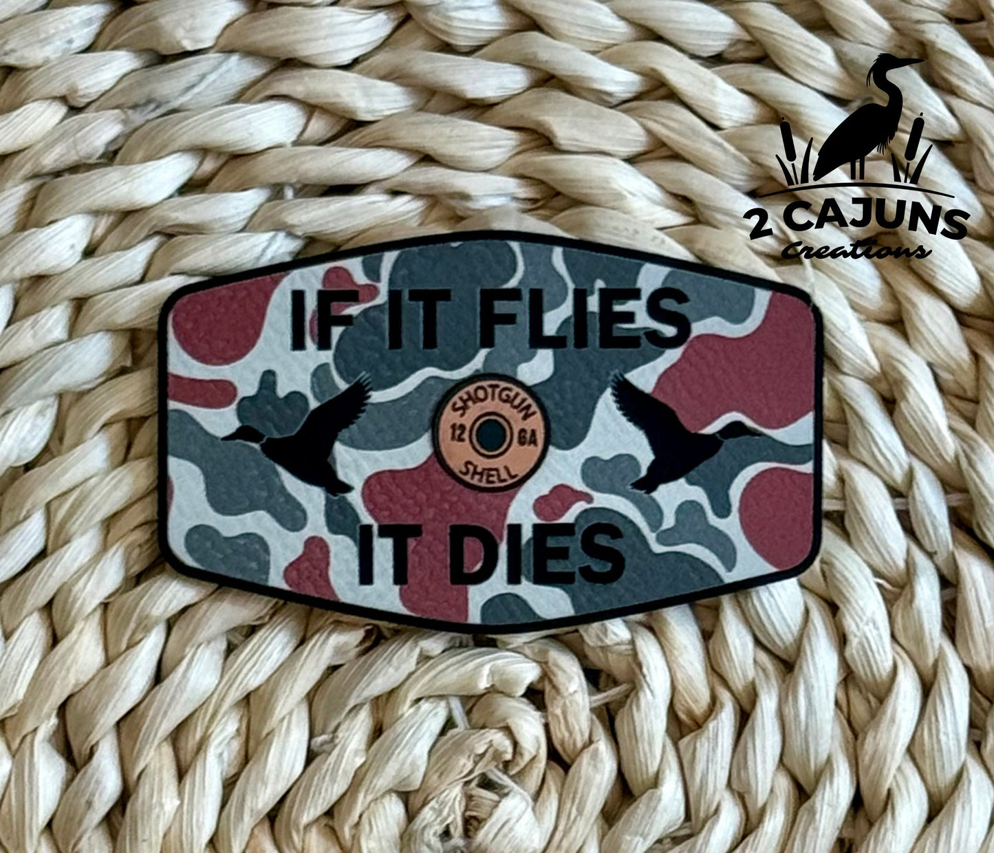 If It Flies It Dies Leatherette Hat Patch with Copper Acrylic Shell Insert - 3 Colors Available