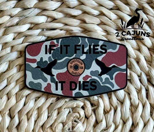 If It Flies It Dies Leatherette Hat Patch with Copper Acrylic Shell Insert - 3 Colors Available