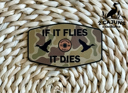 If It Flies It Dies Leatherette Hat Patch with Copper Acrylic Shell Insert - 3 Colors Available