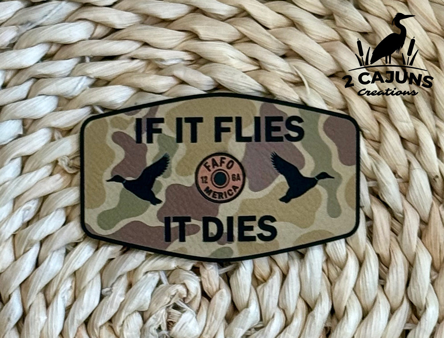 If It Flies It Dies Leatherette Hat Patch with Copper Acrylic Shell Insert - FAFO Edition - 3 Colors Available