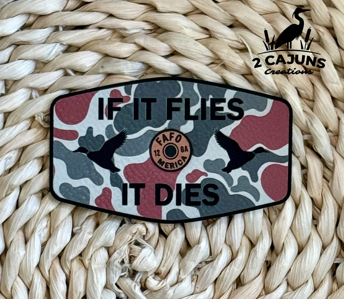 If It Flies It Dies Leatherette Hat Patch with Copper Acrylic Shell Insert - FAFO Edition - 3 Colors Available