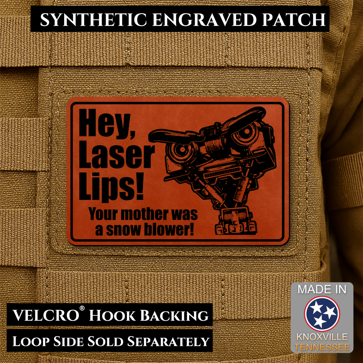 Hey Laser Lips, Johnny 5 Retro Funny Morale Patch, 2x3" | Made in USA | VELCRO® Brand Hook Backing