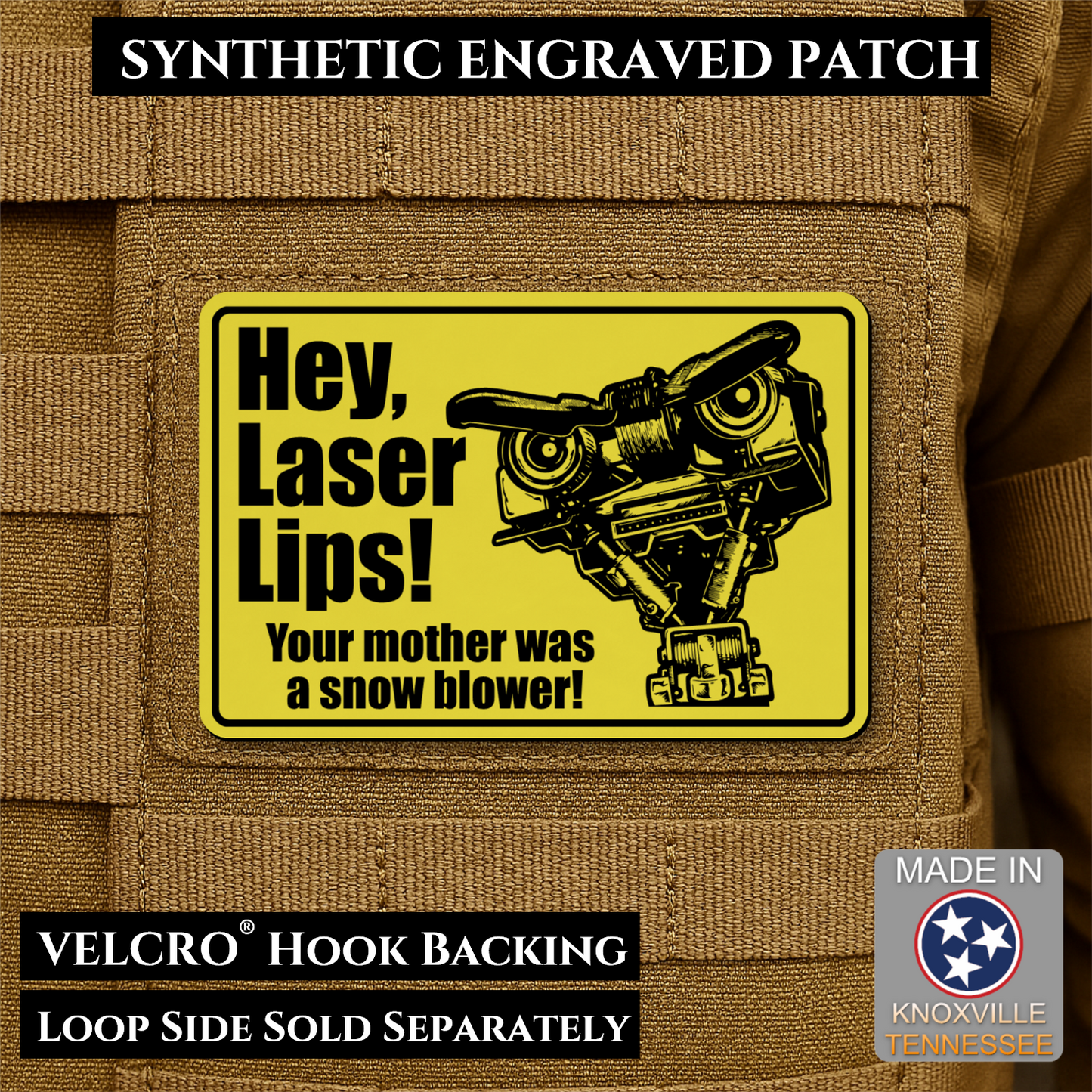 Hey Laser Lips, Johnny 5 Retro Funny Morale Patch, 2x3" | Made in USA | VELCRO® Brand Hook Backing