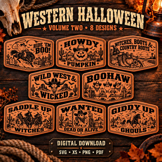 Western Halloween Hat Patch SVG Bundle Vol 2, 8 Laser Engraving Designs, Cowboy Ghosts, Boohaw, Digital Download