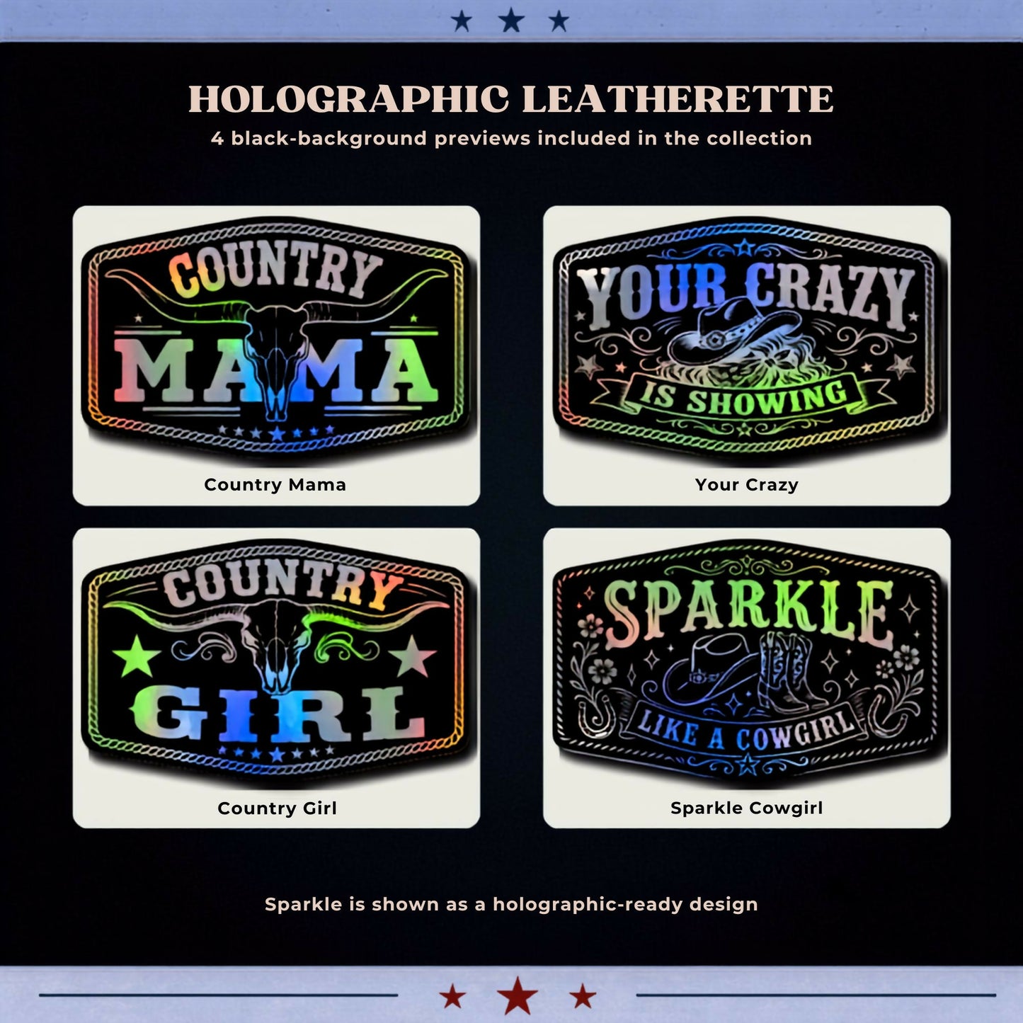 Cowgirl Country Hat Patch SVG Bundle with Holographic Leatherette Designs