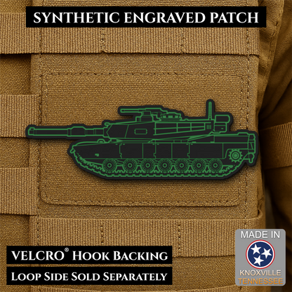 Front design and hook backing of M1 Abrams Main Battle Tank patch in black / green