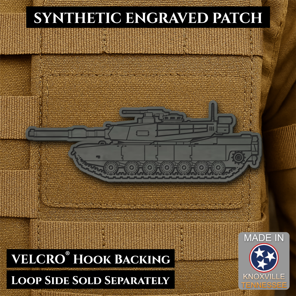 Front design and hook backing of M1 Abrams Main Battle Tank patch in charcoal gray