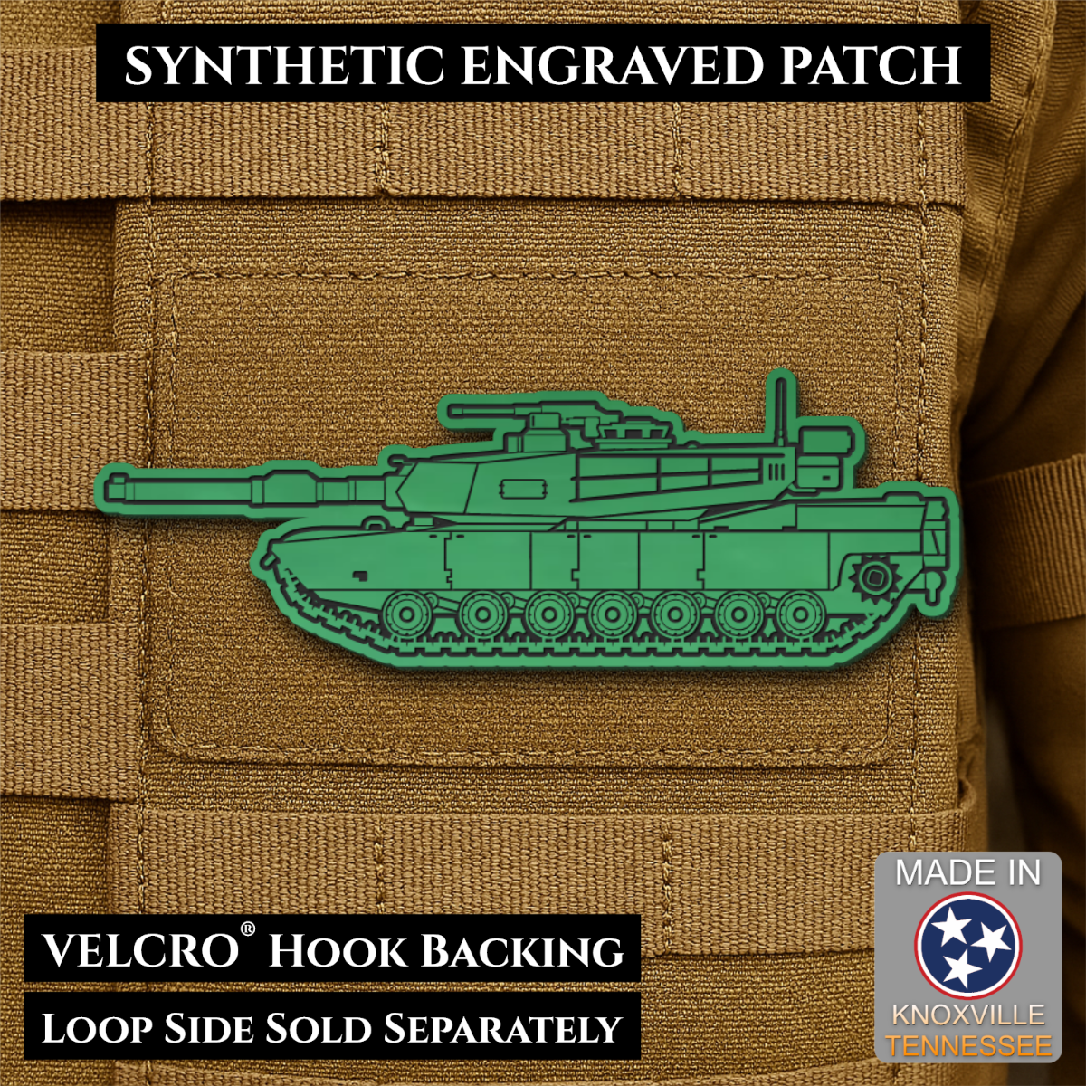 Front design and hook backing of M1 Abrams Main Battle Tank patch in green
