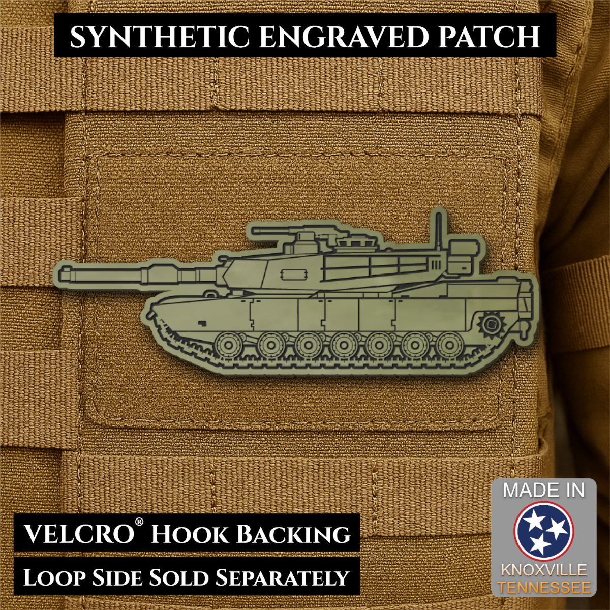 Front design and hook backing of M1 Abrams Main Battle Tank patch in olive green