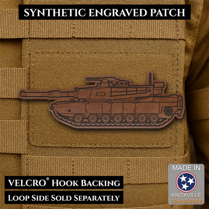 Front design and hook backing of M1 Abrams Main Battle Tank patch in walnut faux leather
