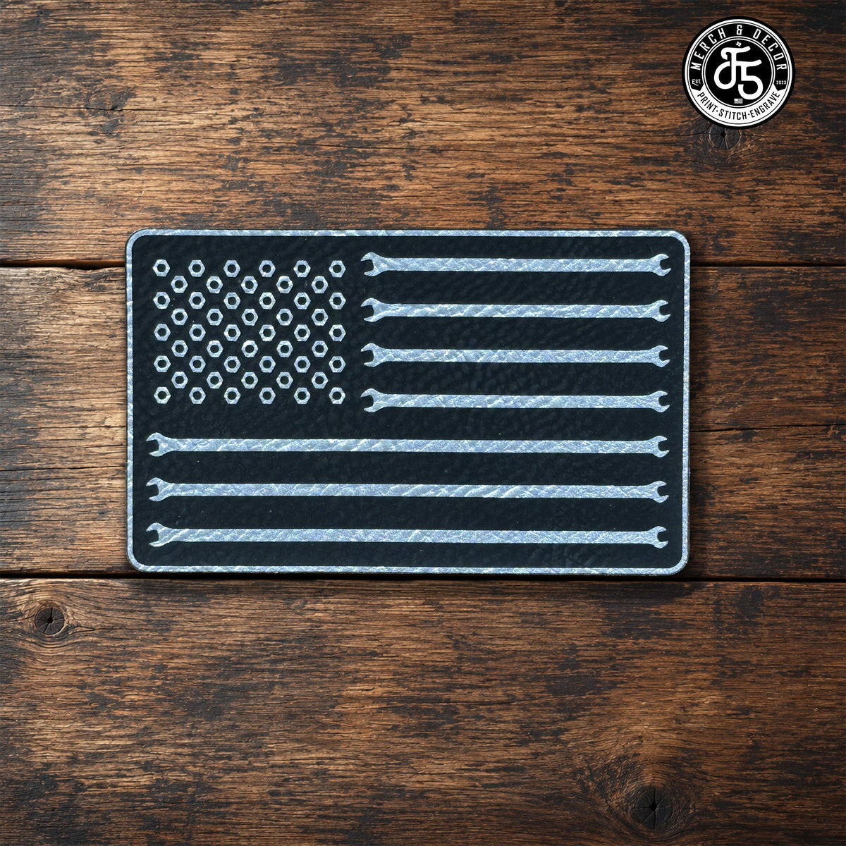 Mechnics Wrench Laser Engraved Leatherette Patch with Lonestar Adhesive