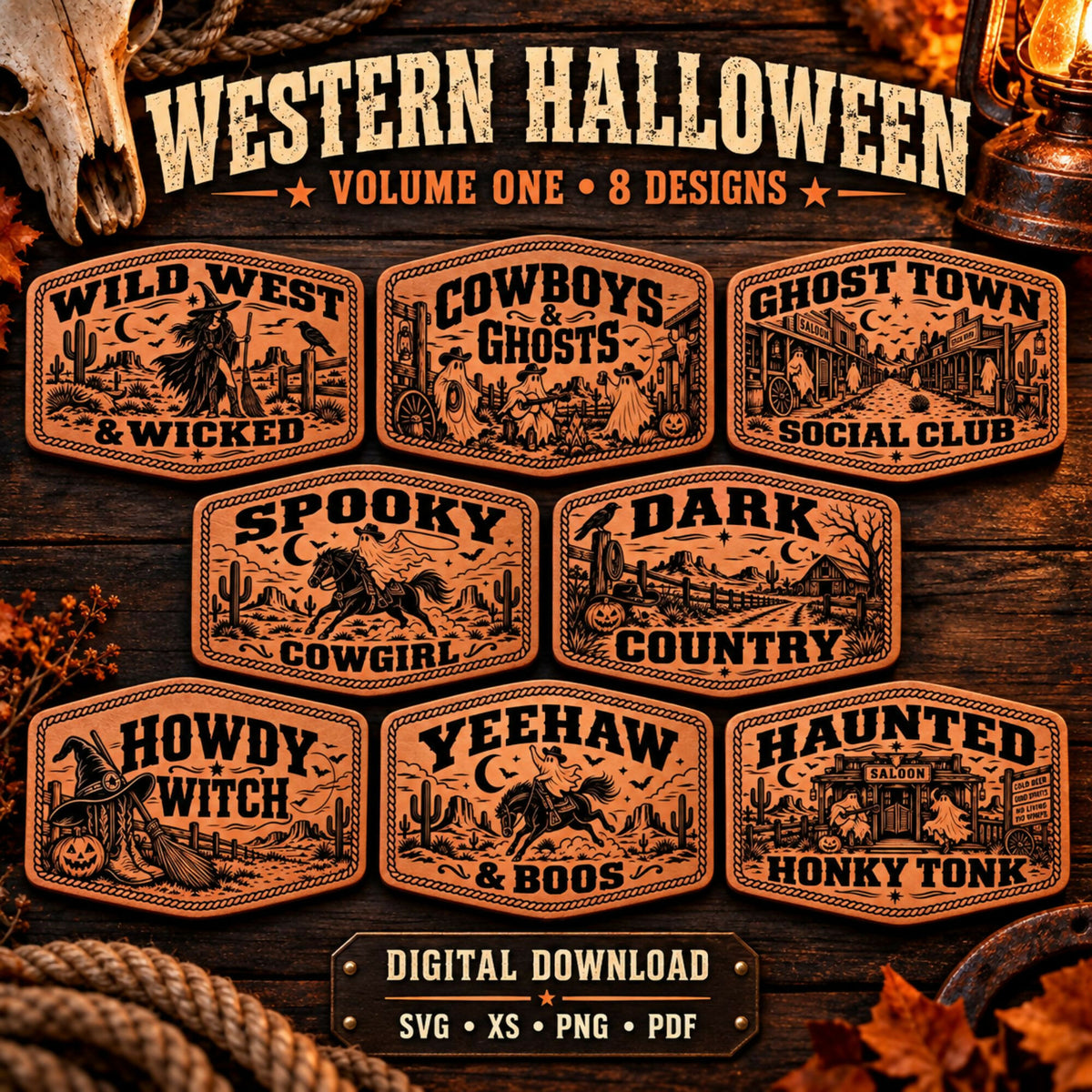 Western Halloween Hat Patch SVG Bundle, 8 Laser Engraving Designs, Cowboy Ghosts, Leatherette Patch Files, XS PNG PDF