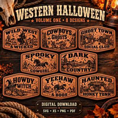 Western Halloween Hat Patch SVG Bundle, 8 Laser Engraving Designs, Cowboy Ghosts, Leatherette Patch Files, XS PNG PDF