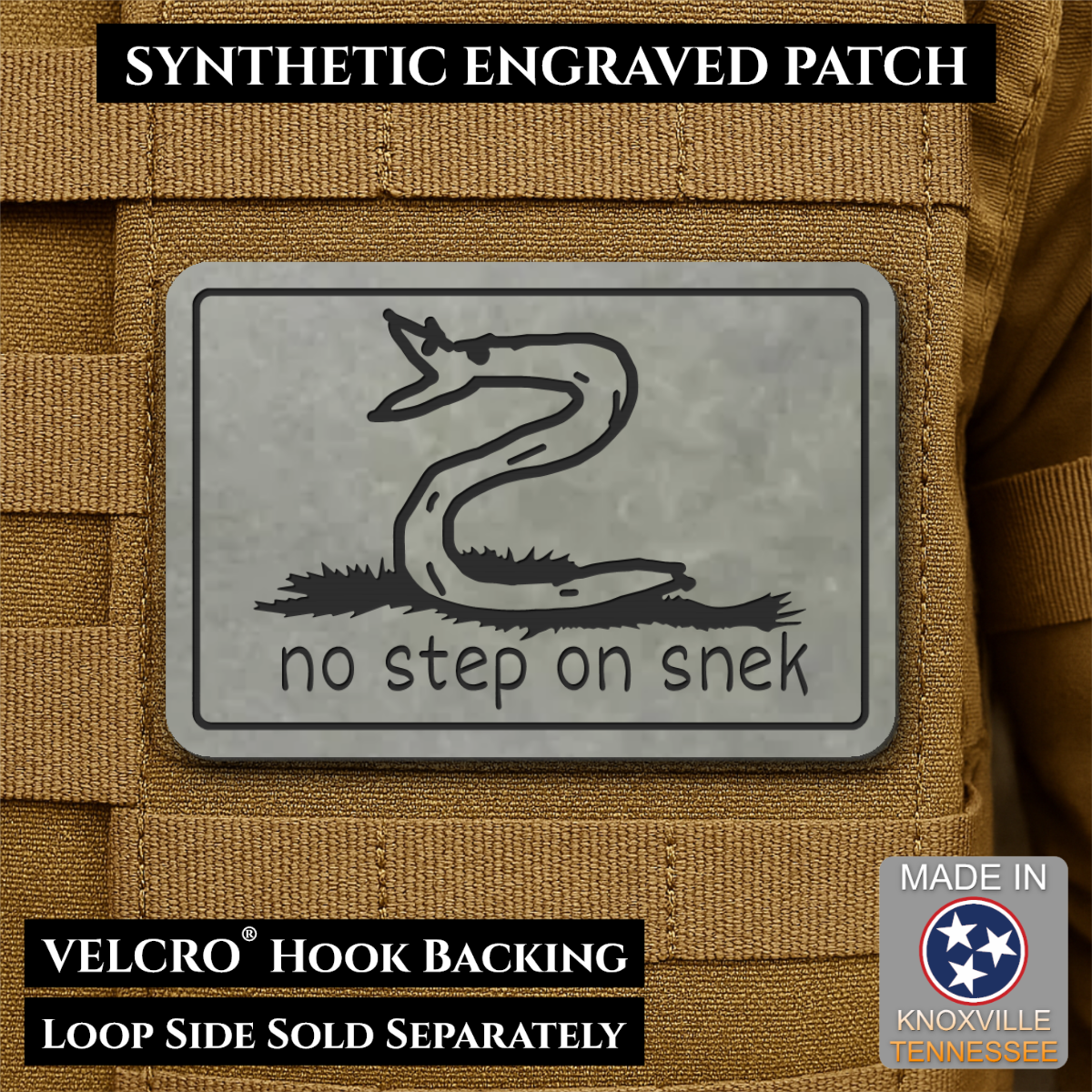 Front design and hook backing of No Step On Snek patch in flint gray