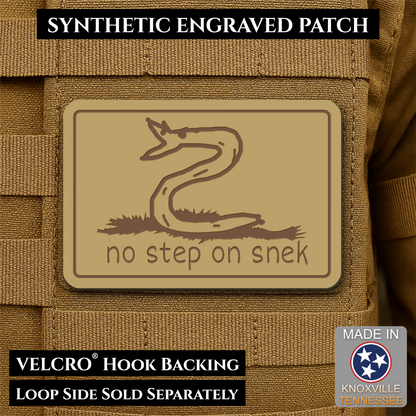 Front design and hook backing of No Step On Snek patch in desert tan / brown