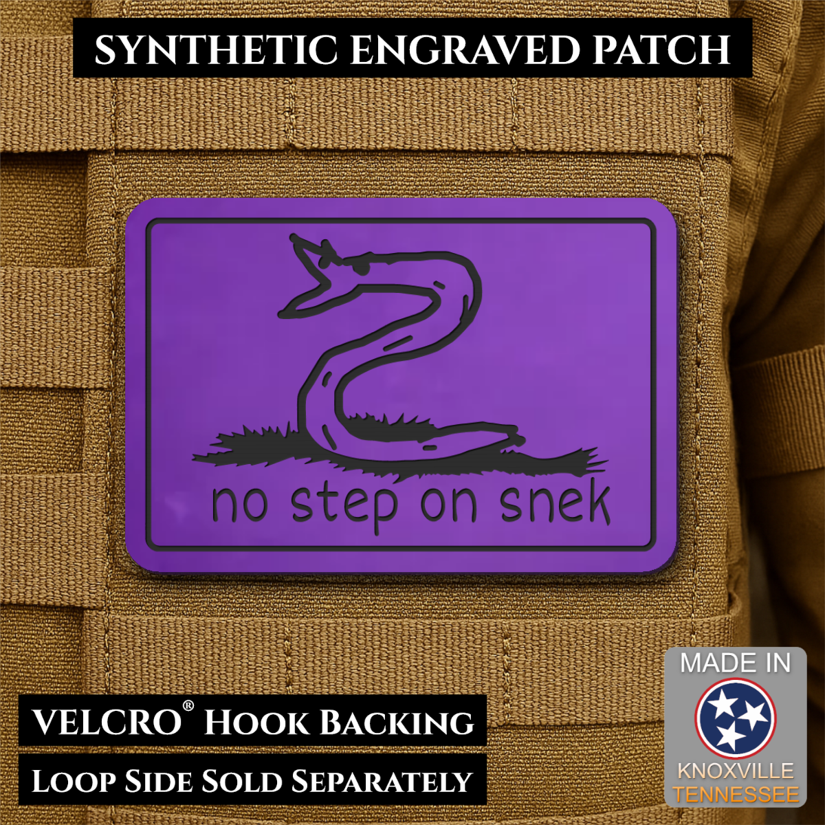 Front design and hook backing of No Step On Snek patch in purple