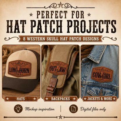 Summer Skull Western Hat Patch SVG Bundle, Longhorn Skull Laser Engraving Files, Cowboy Cowgirl Outlaw Texas XS PDF PNG