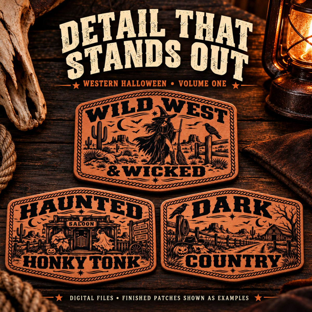 Western Halloween Hat Patch SVG Bundle, 8 Laser Engraving Designs, Cowboy Ghosts, Leatherette Patch Files, XS PNG PDF