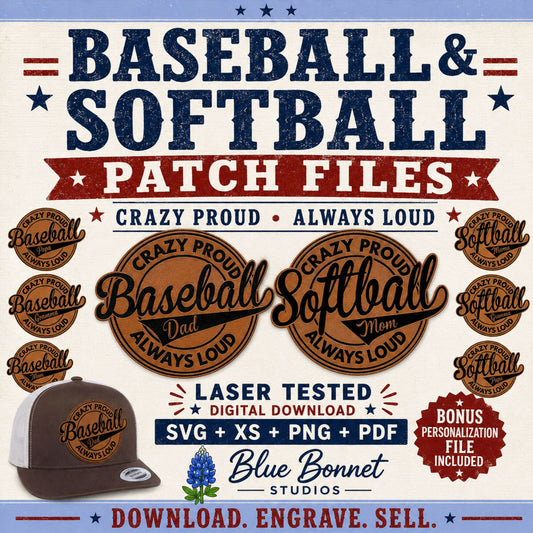 Baseball Softball Patch SVG Bundle, Crazy Proud Always Loud Hat Patch Files, Mom Dad Mama Papa Grandma, Laser Ready SVG XS PNG PDF Digital Download