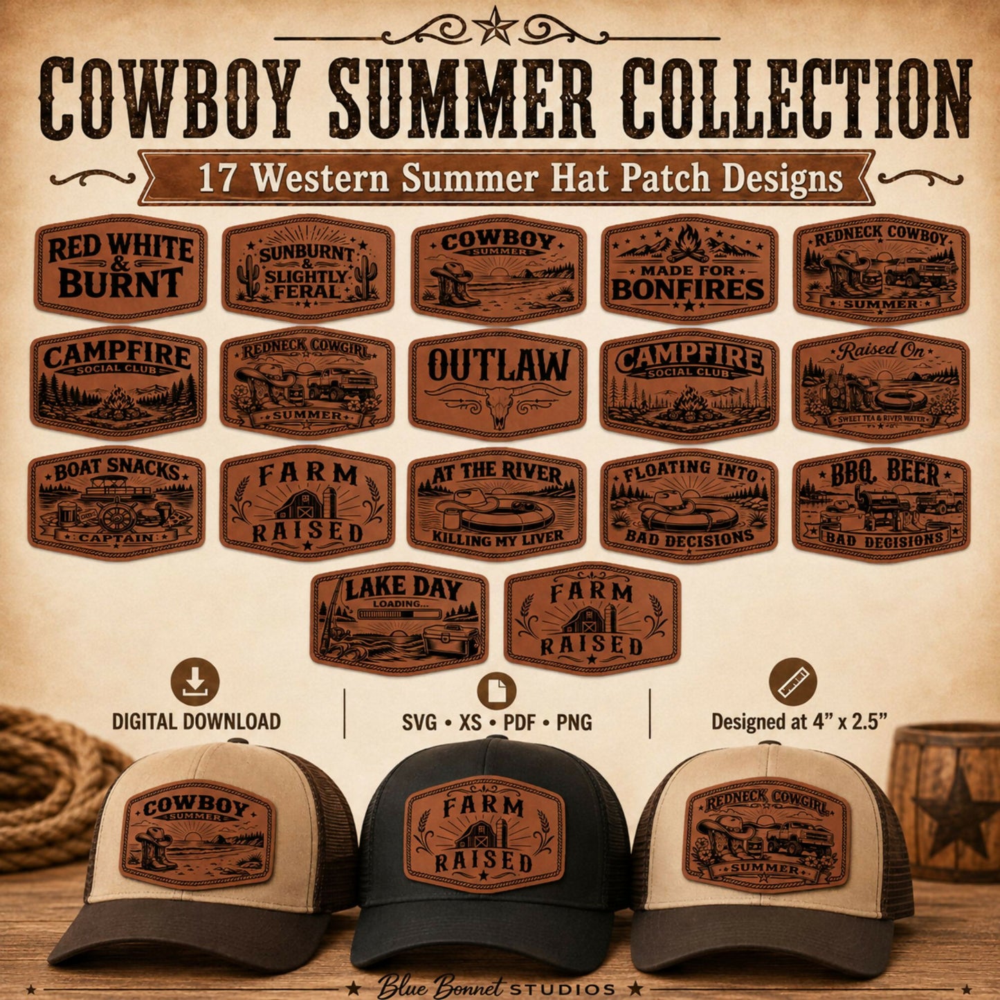 Cowboy Summer Hat Patch SVG Bundle, Western Leatherette Laser Files, 4x2.5 Engraved Patch Designs, XS PNG PDF, Bonus Red White Burnt
