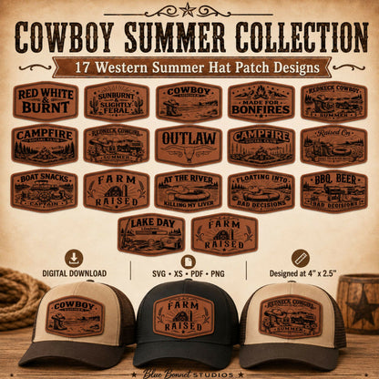 Cowboy Summer Hat Patch SVG Bundle, Western Leatherette Laser Files, 4x2.5 Engraved Patch Designs, XS PNG PDF, Bonus Red White Burnt