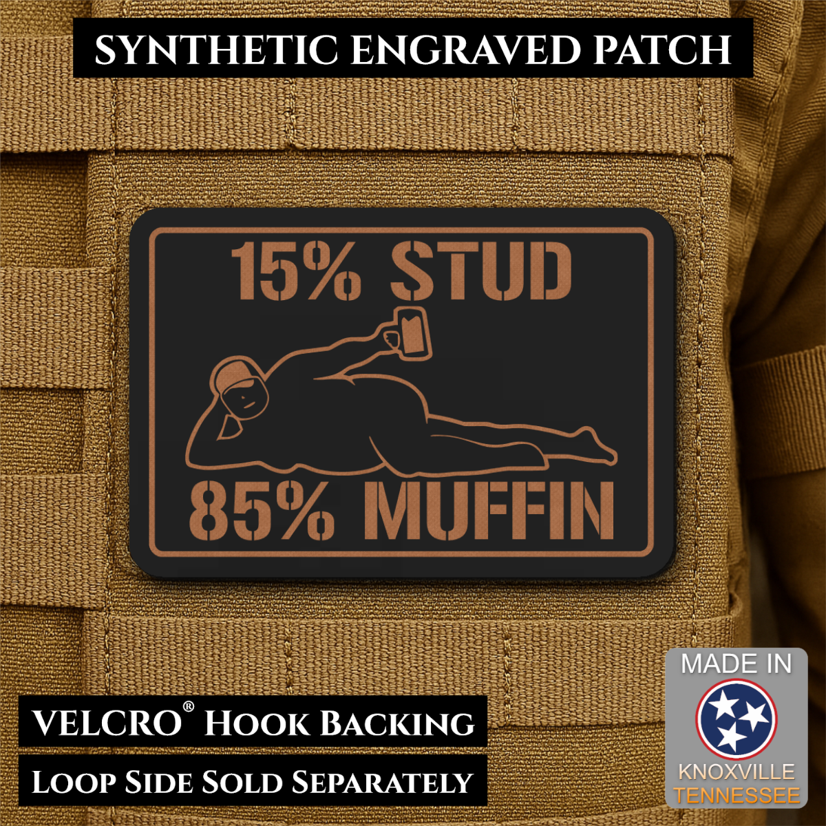 15% Stud 85% Muffin Funny Dad Bod Morale Patch, 2x3" | Made in USA | VELCRO® Brand Hook Backing