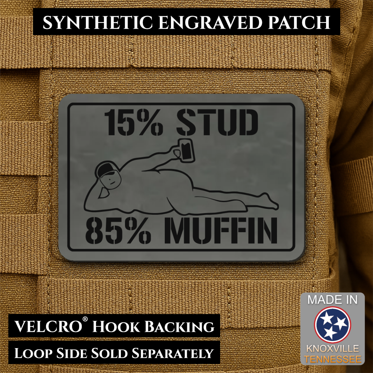 15% Stud 85% Muffin Funny Dad Bod Morale Patch, 2x3" | Made in USA | VELCRO® Brand Hook Backing