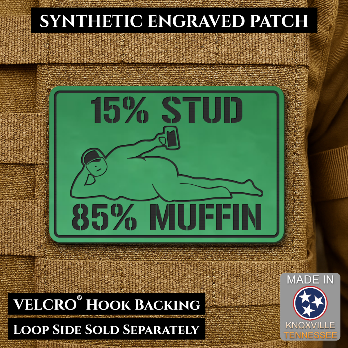Front view of 15% Stud 85% Muffin patch in green
