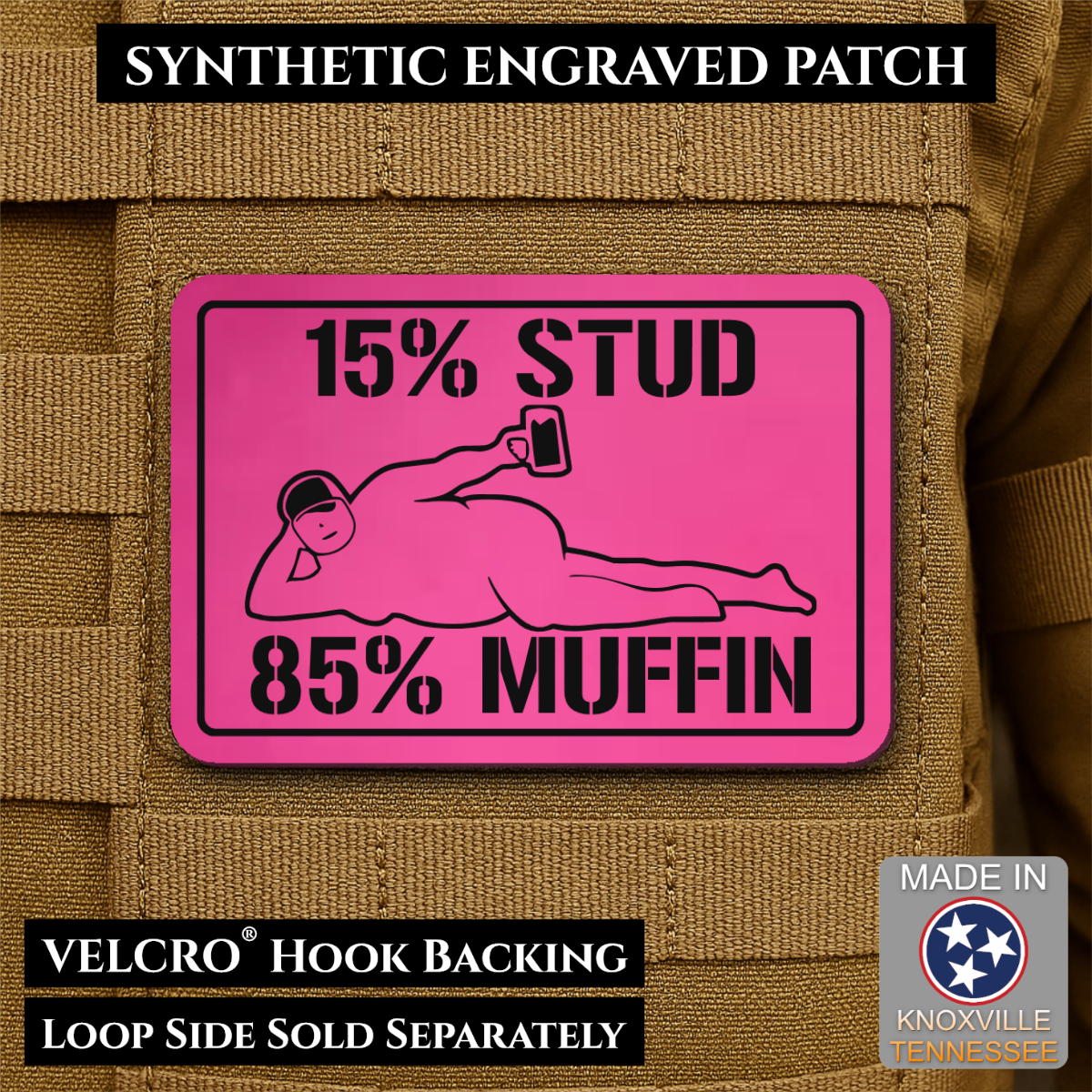 15% Stud 85% Muffin Funny Dad Bod Morale Patch, 2x3" | Made in USA | VELCRO® Brand Hook Backing