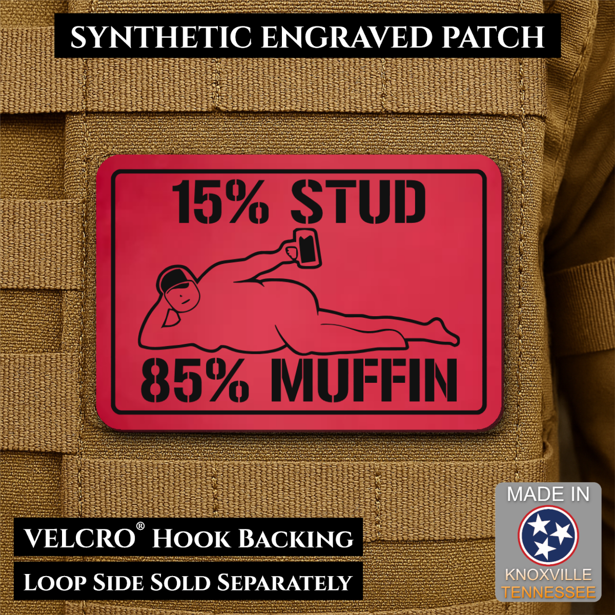 15% Stud 85% Muffin Funny Dad Bod Morale Patch, 2x3" | Made in USA | VELCRO® Brand Hook Backing