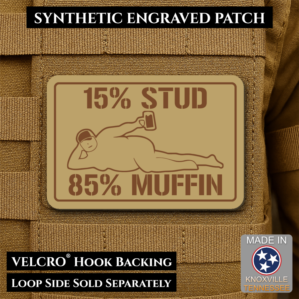 15% Stud 85% Muffin Funny Dad Bod Morale Patch, 2x3" | Made in USA | VELCRO® Brand Hook Backing