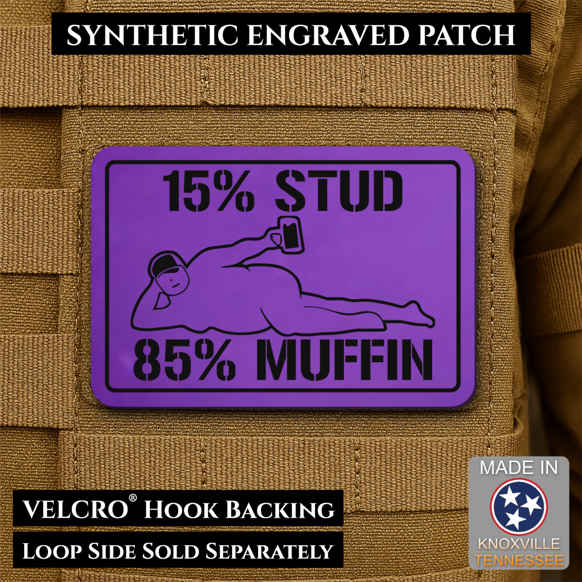 15% Stud 85% Muffin Funny Dad Bod Morale Patch, 2x3" | Made in USA | VELCRO® Brand Hook Backing