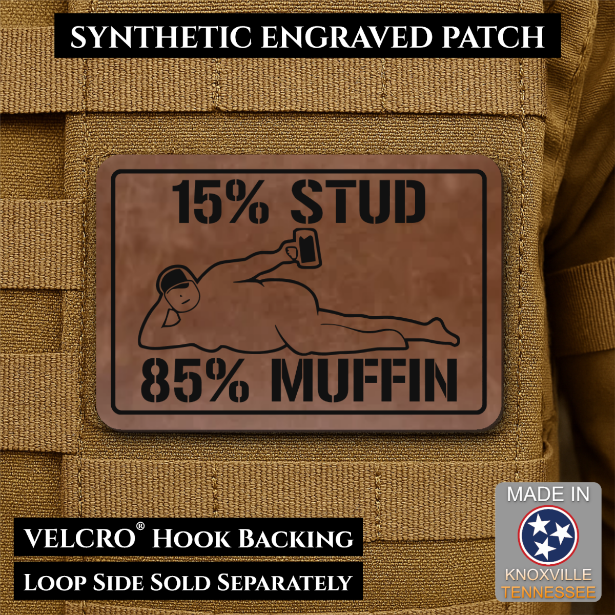 15% Stud 85% Muffin Funny Dad Bod Morale Patch, 2x3" | Made in USA | VELCRO® Brand Hook Backing
