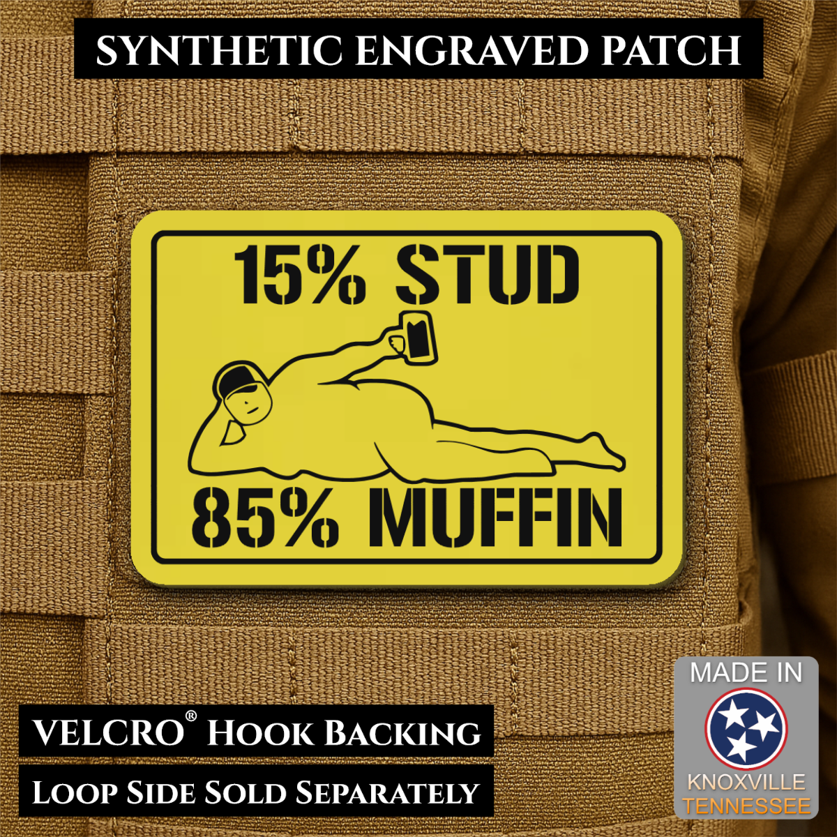 15% Stud 85% Muffin Funny Dad Bod Morale Patch, 2x3" | Made in USA | VELCRO® Brand Hook Backing