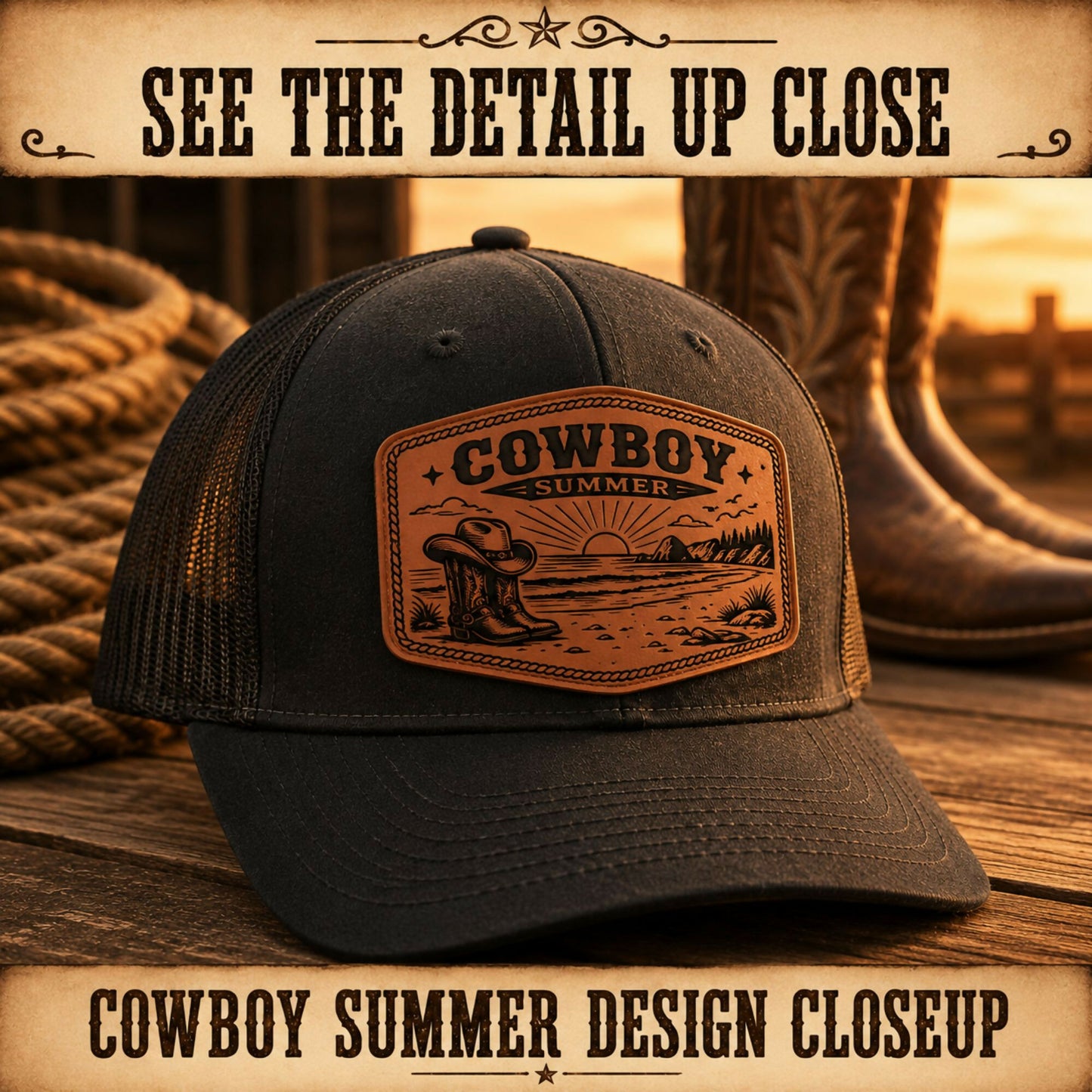 Cowboy Summer Hat Patch SVG Bundle, Western Leatherette Laser Files, 4x2.5 Engraved Patch Designs, XS PNG PDF, Bonus Red White Burnt