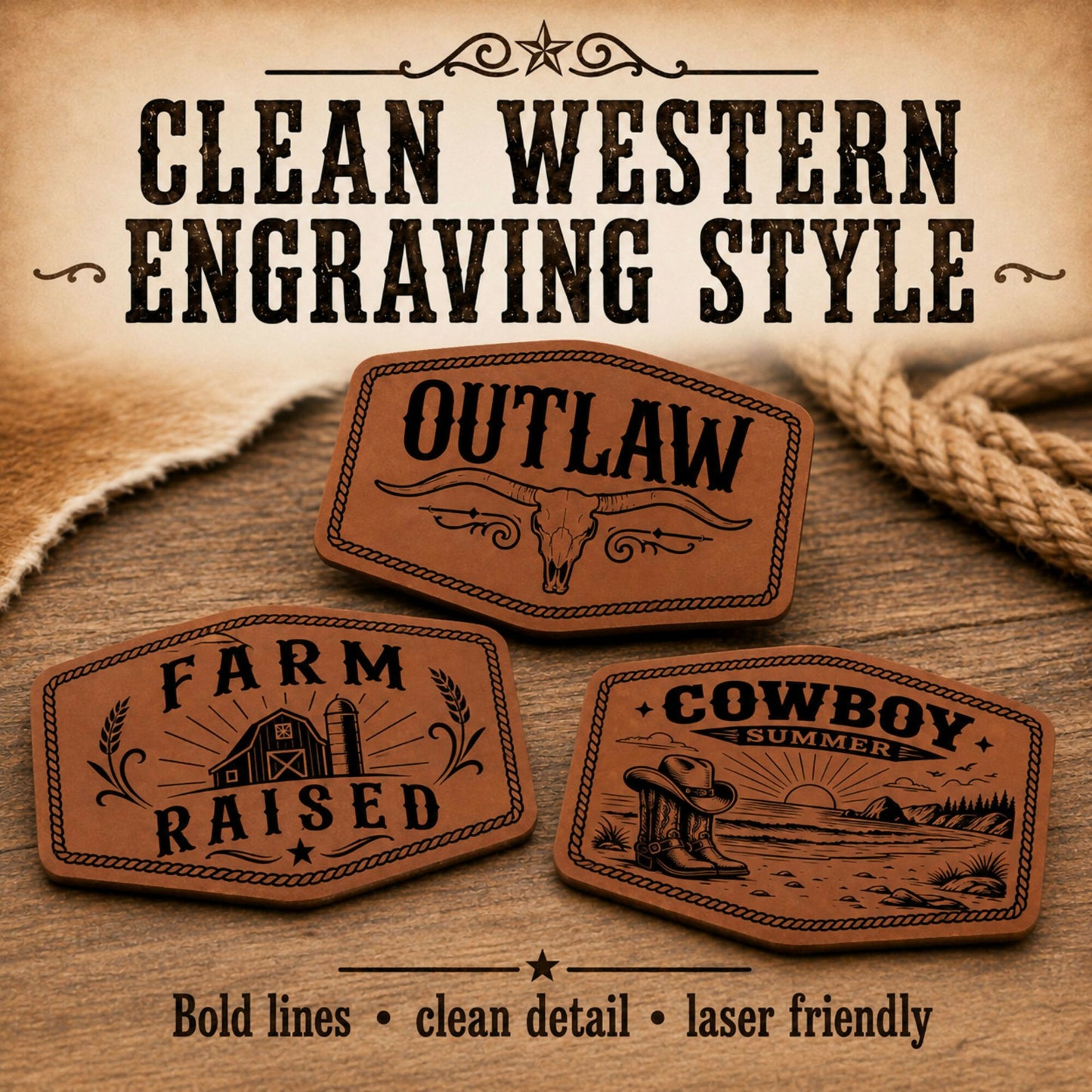 Cowboy Summer Hat Patch SVG Bundle, Western Leatherette Laser Files, 4x2.5 Engraved Patch Designs, XS PNG PDF, Bonus Red White Burnt