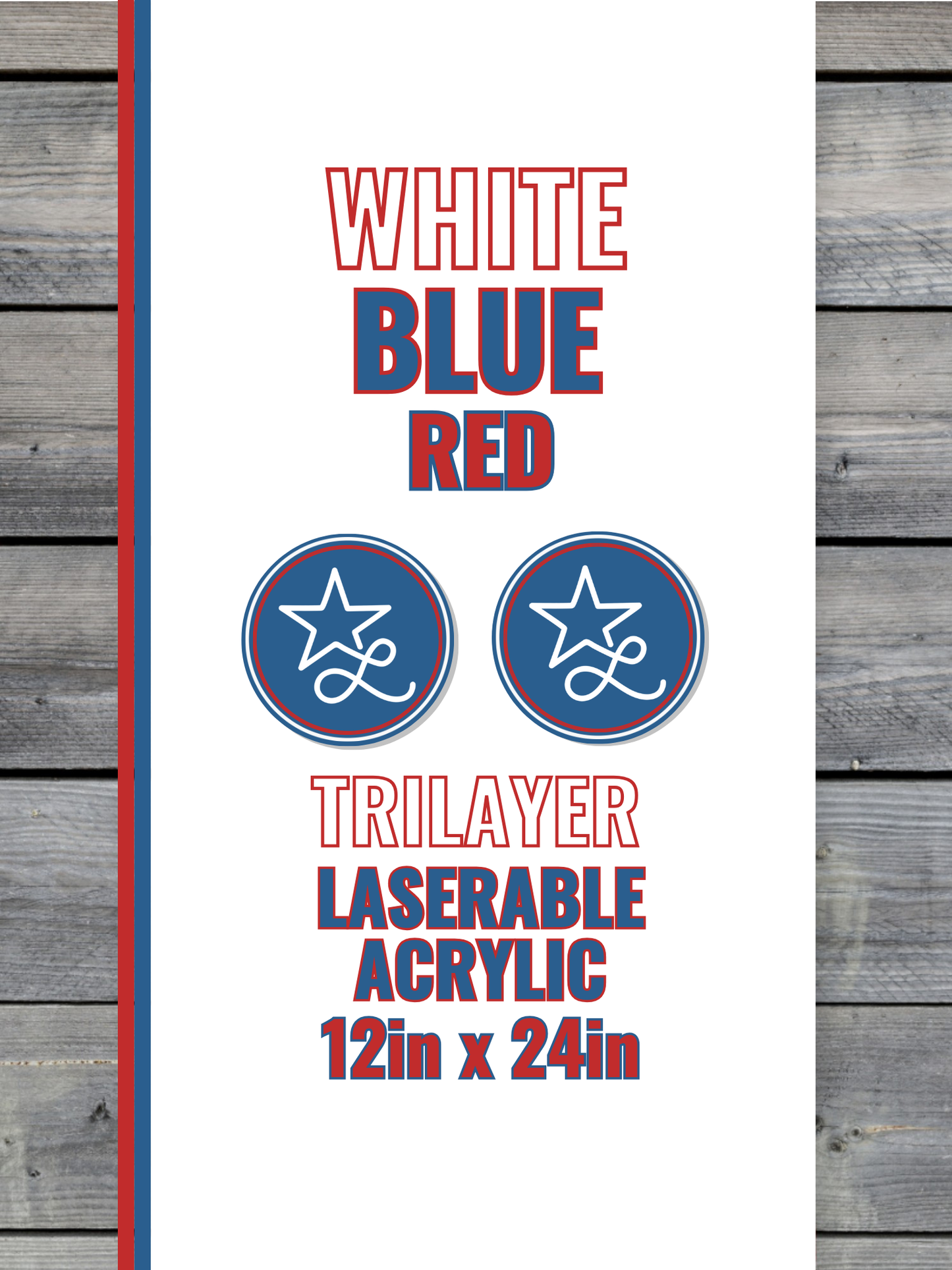 BLEMISHED Acrylic: Red / White / Blue TriLayer Durra-Bull™ Laserable Panels (12"x24")