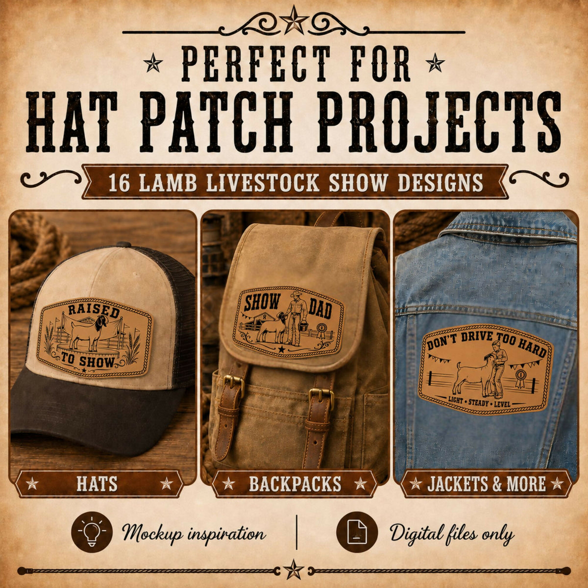 Goat Livestock Show SVG Bundle, 16 Western Hat Patch Designs, 4H FFA Goat Show Laser Files, Leatherette Patch Digital Download