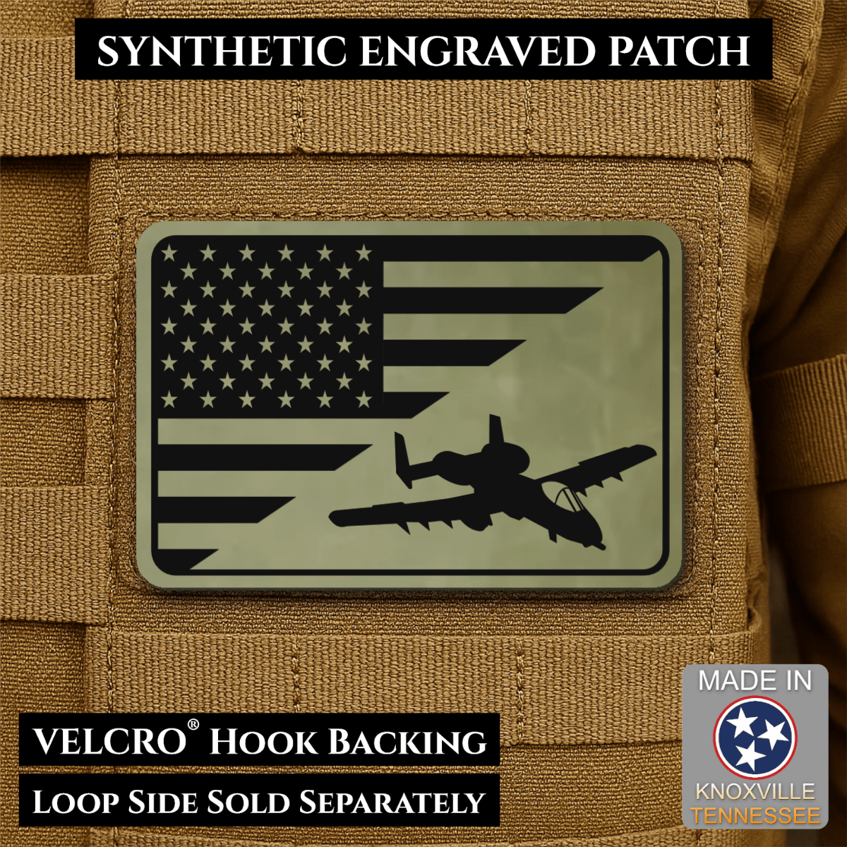A-10 Warthog American Flag Morale Patch, 2x3" | Made in USA | VELCRO® Brand Hook Backing - LoneStar Adhesive