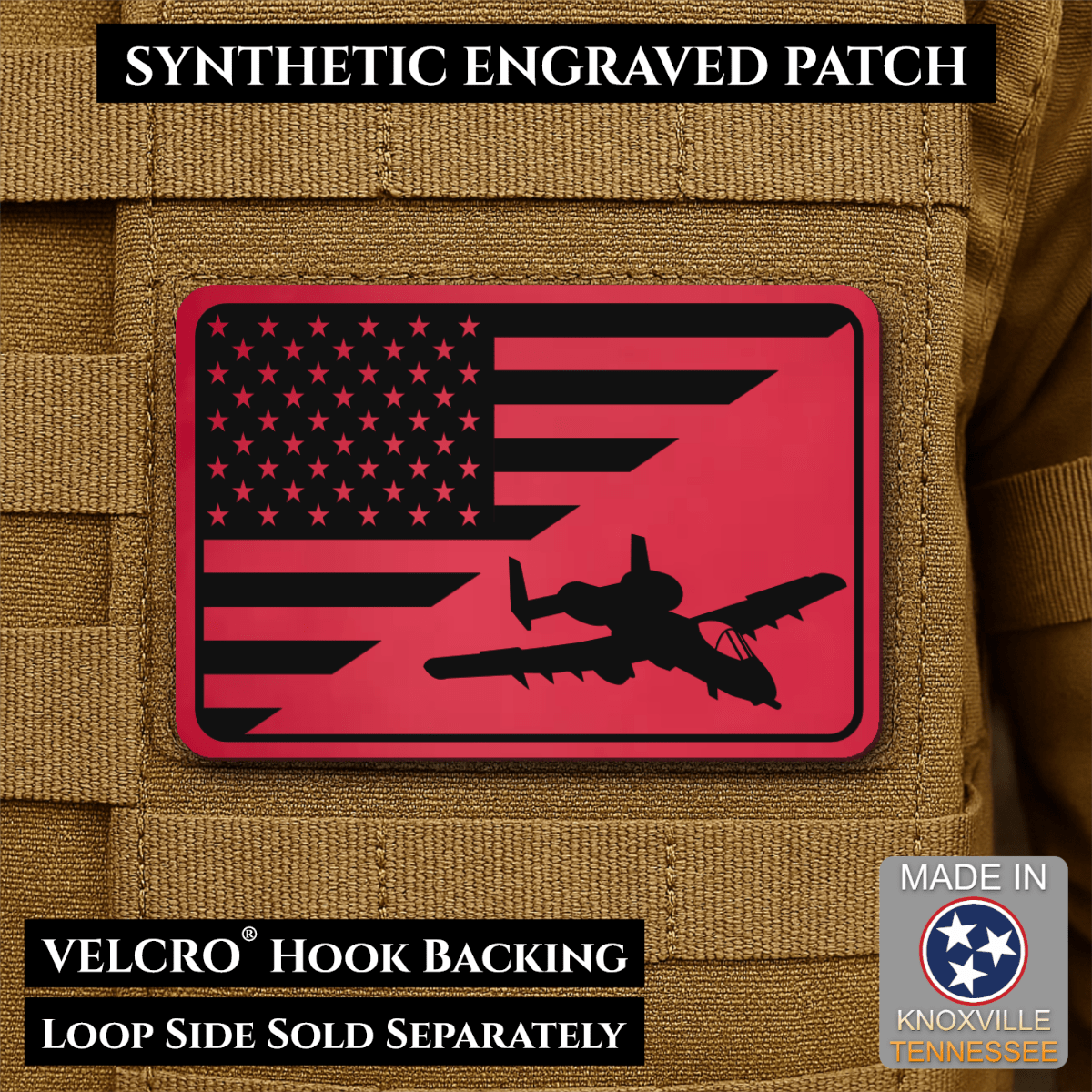 A-10 Warthog American Flag Morale Patch, 2x3" | Made in USA | VELCRO® Brand Hook Backing - LoneStar Adhesive