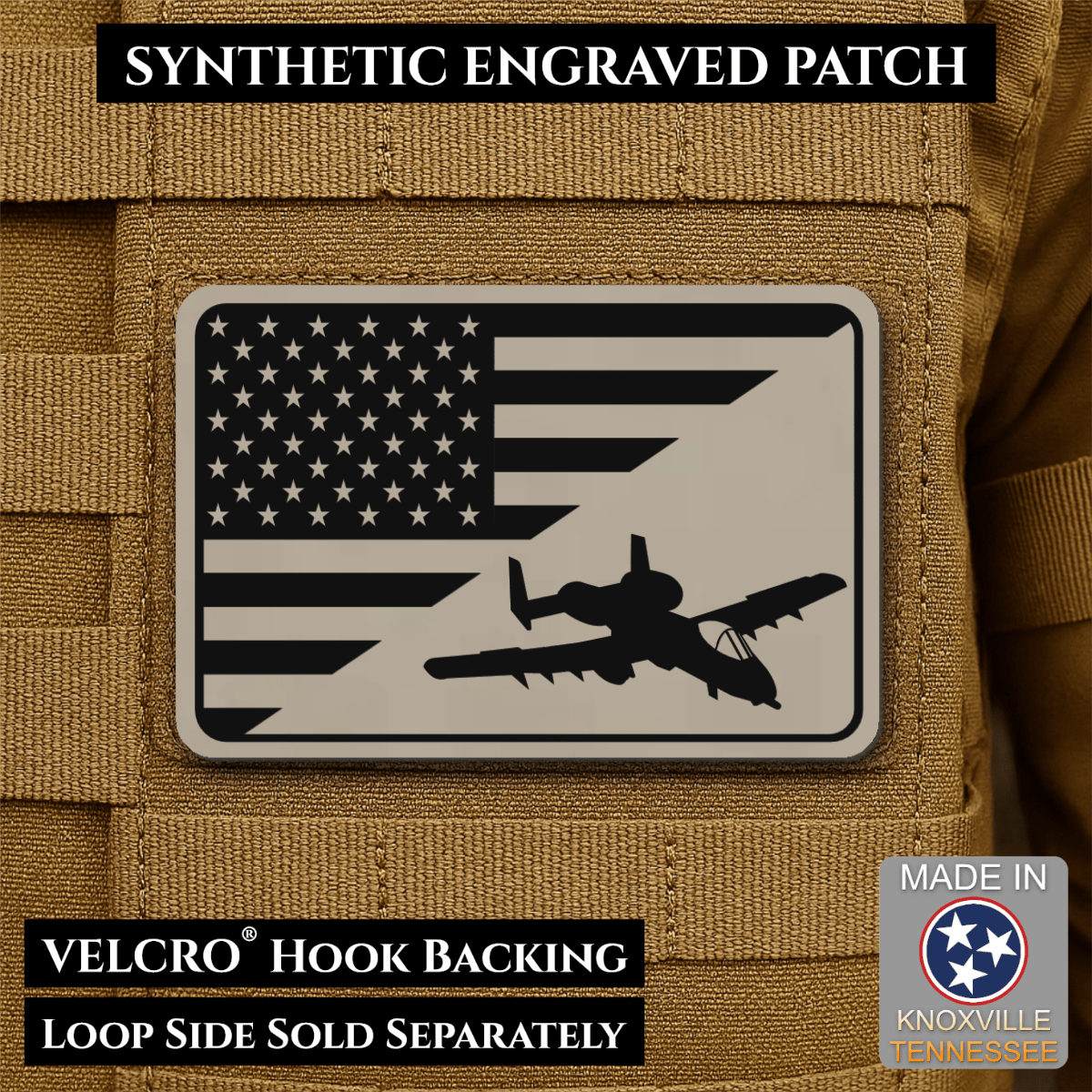 A-10 Warthog American Flag Morale Patch, 2x3" | Made in USA | VELCRO® Brand Hook Backing - LoneStar Adhesive