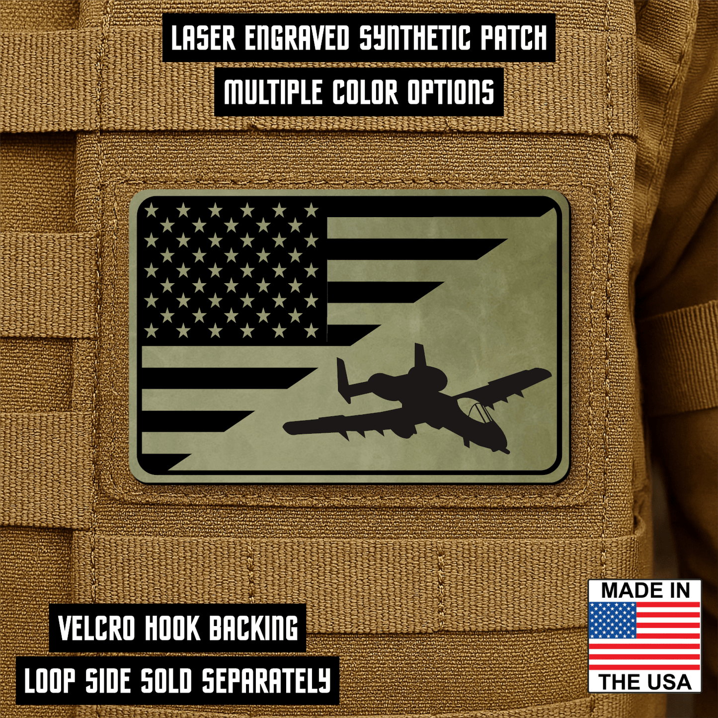 A10 Thunderbolt II Flag Tactical Engraved Morale Patch 2"x3" Hook & Loop | Made in USA - LoneStar Adhesive