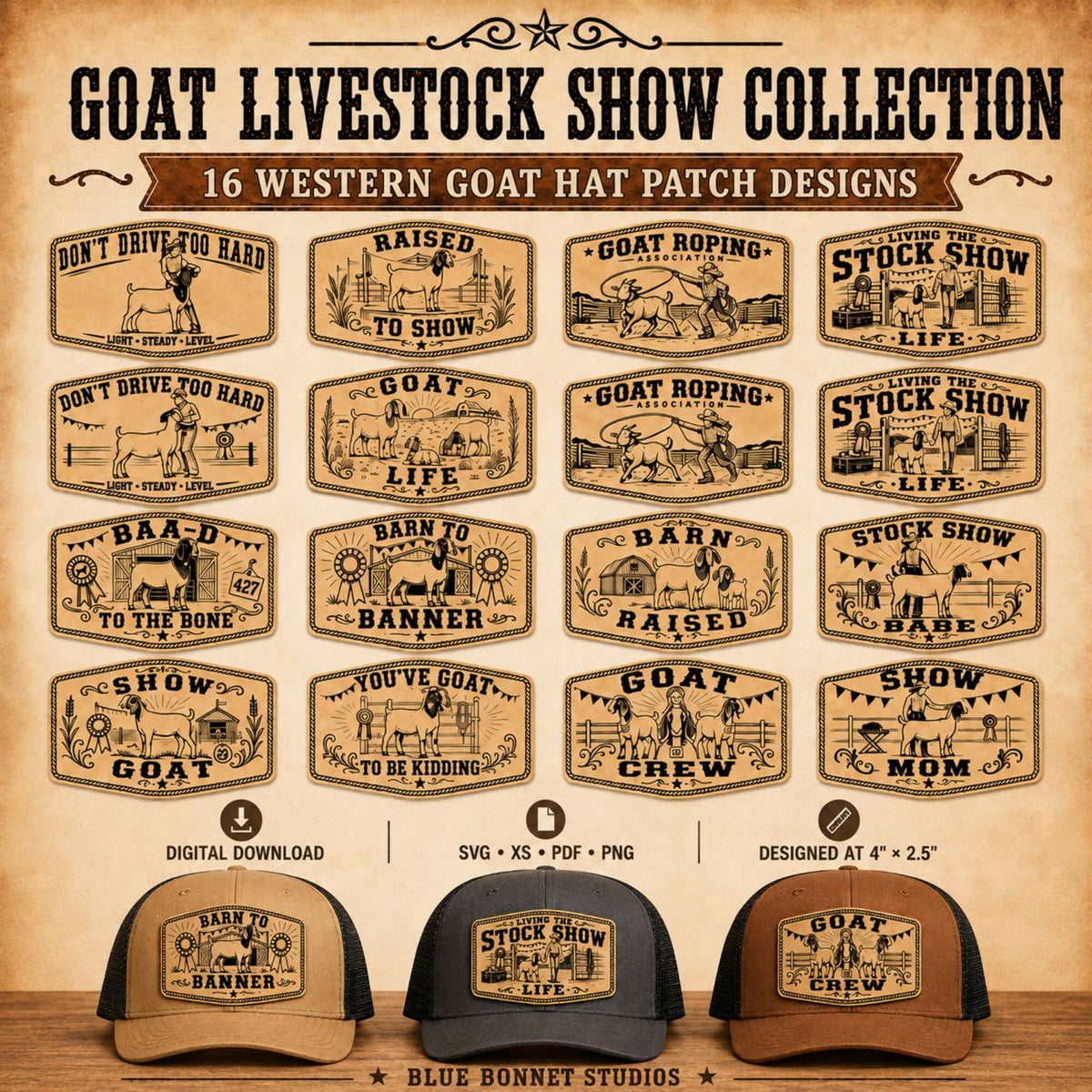 Goat Livestock Show SVG Bundle, 16 Western Hat Patch Designs, 4H FFA Goat Show Laser Files, Leatherette Patch Digital Download