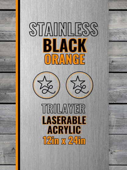 Acrylic: Stainless / Black / Orange TriLayer Durra - Bull™ Laserable Panels (12"x24") - #LoneStar Adhesive#