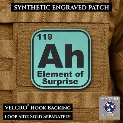 Front design and hook backing of Ah, The Element of Surprise patch in seafoam