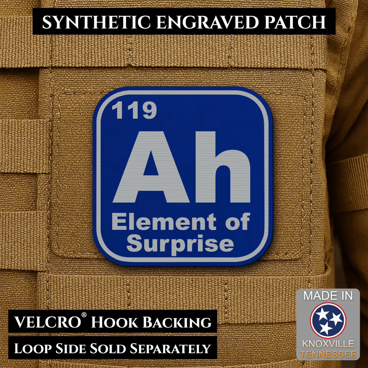 Front design and hook backing of Ah, The Element of Surprise patch in blue / silver